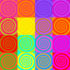 Set of psychedelic spirals in comic style. Seamless pattern from colorfull spirals on bright square background