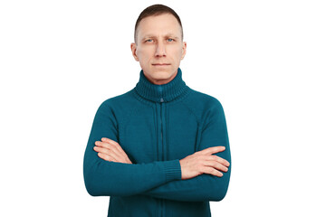 Serious average age man with crossed arms in blue sweater isolated on white background