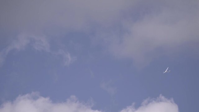 Sailplane with no propeller calmly gliding in the sky, over white clou