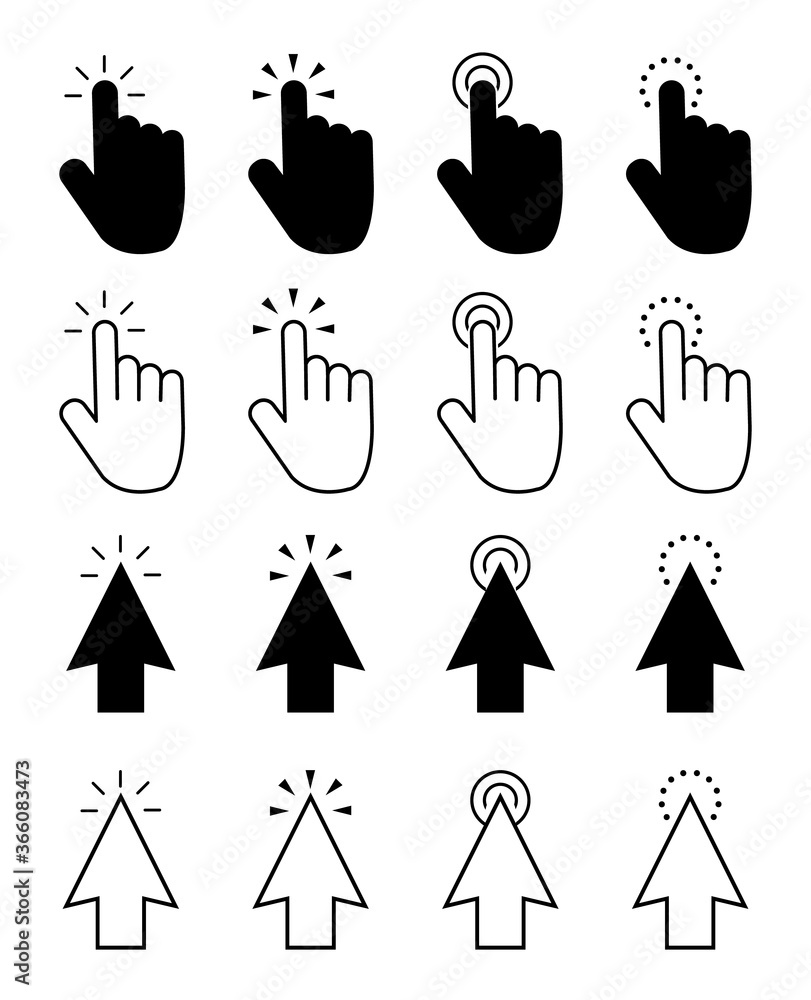 Poster click icon set vector. mouse pointer, computer cursor for web, app. here point, flat hand click icon
