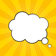 Pop art comic speech bubble. Vector yellow retro sunshine background with empty thought balloon or shouting box for text in comic book. Talking expression cloud shape on orange pattern.