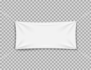 White fabric banner with rope and folds. Vector mockup flag hanging for sale. Stretched canvas, horizontal cloth sheet isolated. Realistic cotton banner for advertising text.
