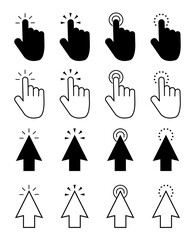 Click icon set vector. Mouse pointer, computer cursor for web, app. Here point, flat hand click icons. Finger press button. Touch sign for graphic and internet interface. - obrazy, fototapety, plakaty