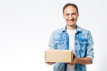 man carries the box, isolated, white background