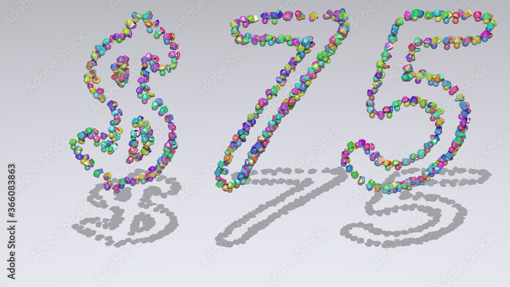 Poster Colorful 3D writting of $ text with small objects over a white background and matching shadow