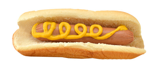 Close-up image of a hotdog sandwich with yellow mustard sauce on a white background