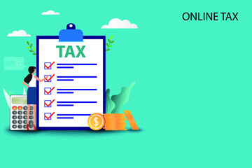 Naklejka premium Concept of online tax payment, accountant is checking the document to prepare and fill in the form of tax in a background of big board of tax list, calculator and golden coin stack.
