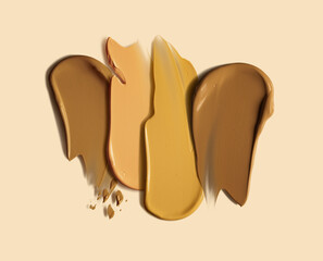Collection of make up foundation drop smudge texture beige isolated background