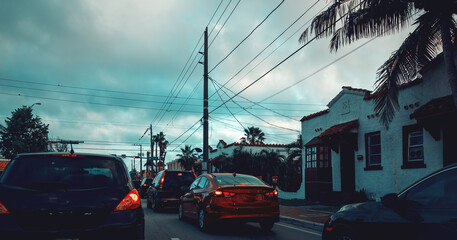 Fototapeta na wymiar Traffic jam in Miami at sunset