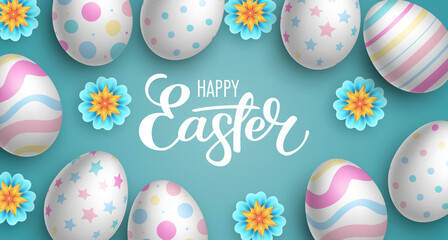 Realistic decorated eggs and flowers on light turquoise background. Easter greeting card or invitation template