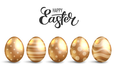 Realistic decorated golden eggs on white background. Easter greeting card or invitation template