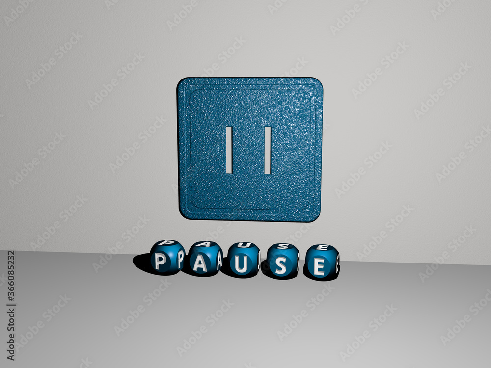 Poster 3d illustration of pause graphics and text made by metallic dice letters for the related meanings of