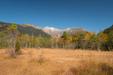 紅葉の上高地・田代湿原から見る穂高連峰	