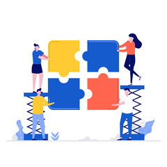 Teamwork vector illustration concept with characters and puzzle. Modern vector illustration in flat style for landing page, mobile app, poster, flyer, template, web banner, infographics, hero images