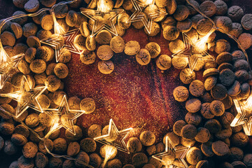 Top view of traditional Dutch treats, arranged with festive lighting