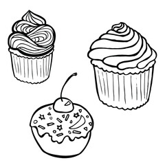 Hand drawn set of cupcakes with icing and shavings, sketch style vector illustration isolated on white background.