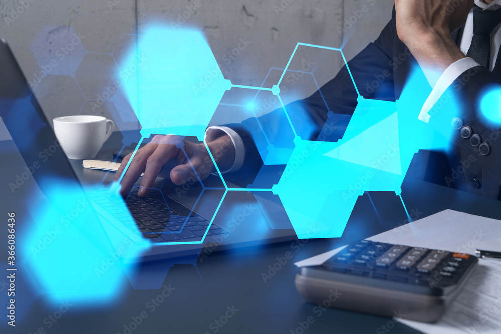 Poster double exposure of man typing computer on high tech project. technology hologram. concept of researc