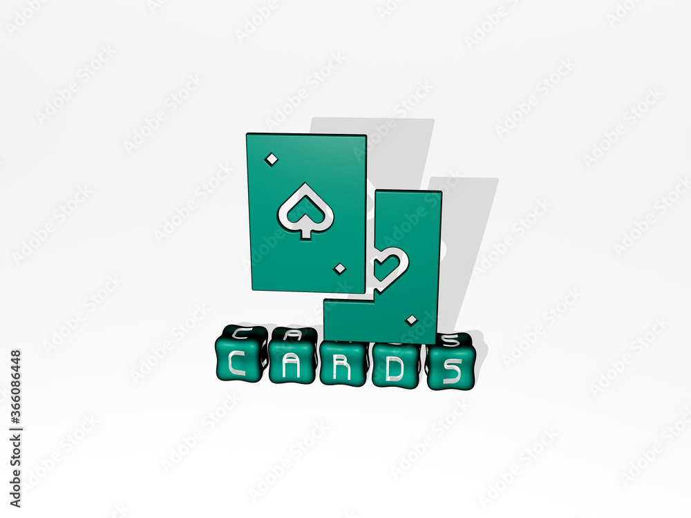 Poster 3D illustration of cards graphics and text made by metallic dice letters for the related meanings of the concept and presentations. background and design