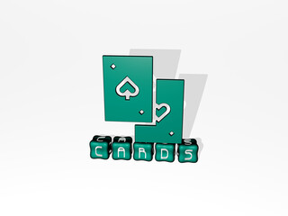 Obraz premium 3D illustration of cards graphics and text made by metallic dice letters for the related meanings of the concept and presentations. background and design
