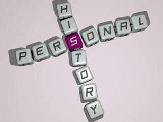 crosswords of PERSONAL HISTORY arranged by cubic letters on a mirror floor, concept meaning and presentation. illustration and business