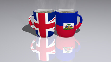 Relationship of united-kingdom haiti presented by their national flags on cups of tea or coffee as editorial or commercial picture