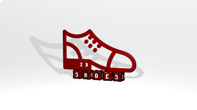 3D illustration of SHOES graphics and text made by metallic dice letters for the related meanings of the concept and presentations. background and fashion