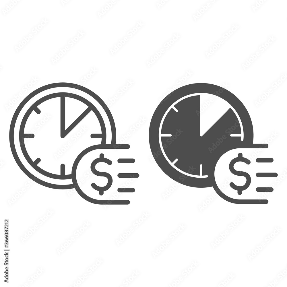 Poster clock and dollar line and solid icon, payment problem concept, time is a money sign on white backgro