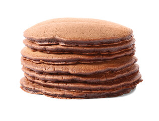 Delicious chocolate pancakes on white background