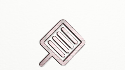 kitchenware spatula made by 3D illustration of a shiny metallic sculpture on a wall with light background. cooking and white