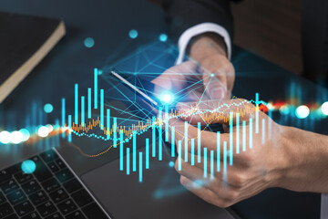 Multiexposure of man typing phone and financial chart. Success concept. Formal wear.