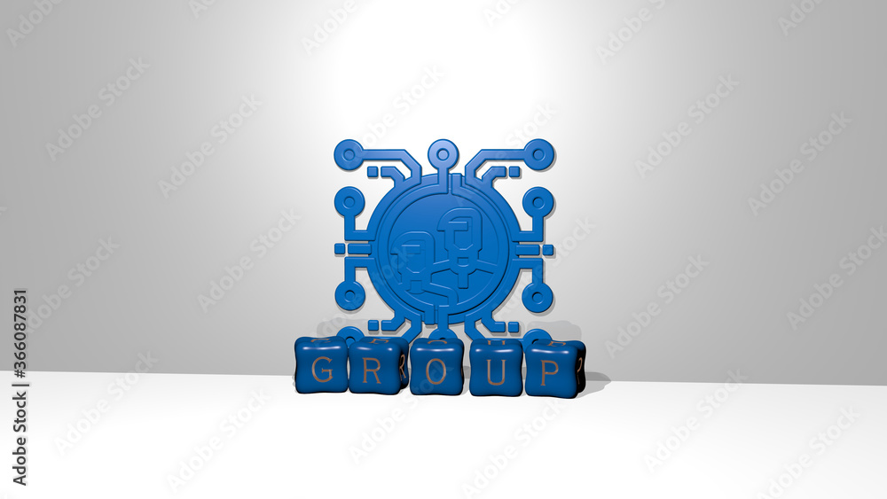 Poster 3d graphical image of group vertically along with text built by metallic cubic letters from the top 