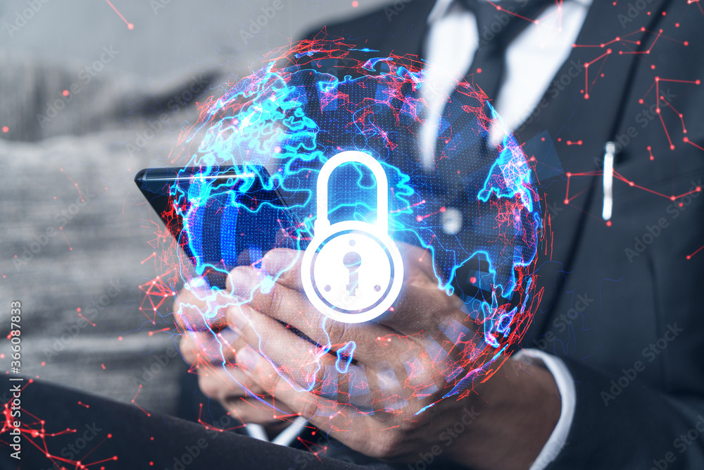 Poster businessman typing using smartphone and lock drawing. concept of security of information and busines
