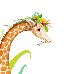 Cute Giraffe animal portrait with flowers and nature. Hand drawn cartoon for kids, t shirt or poster print design. Isolated watercolor style realistic vector animal face illustration.