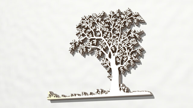 tree made by 3D illustration of a shiny metallic sculpture on a wall with light background. christmas and beautiful