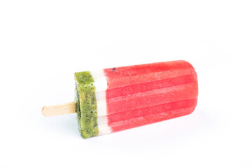 frozen fresh fruit watermelon and kiwi popsicles sitting on white background