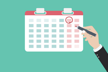 Mark calendar. Vector illustration flat style. Date circled. Week day month. Mockup of page.