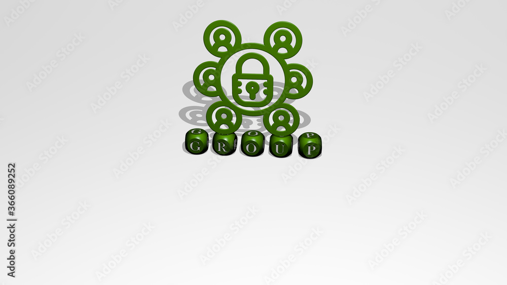 Poster 3D representation of GROUP with icon on the wall and text arranged by metallic cubic letters on a mirror floor for concept meaning and slideshow presentation. background and illustration