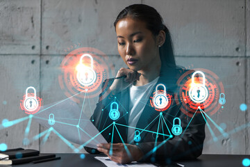 Asian businesswoman dream of success. Lock security drawing hologram. Double exposure.