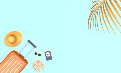 Orange suitcase with hat, sunglasses, slipper and camera with palm tree leaf on blue background. Travel vacation holiday concept. 3d rendering illustration