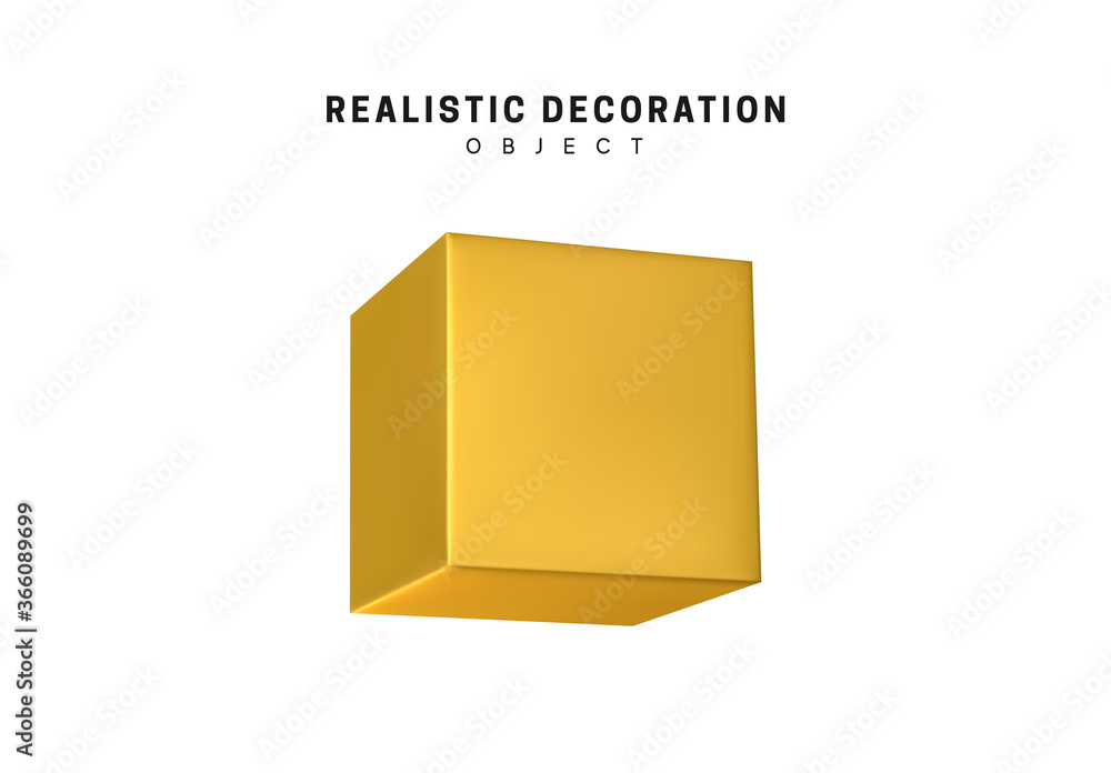 Poster golden cube ant tor metal. 3d object shapes cube and geometric block, square. isolated on white back