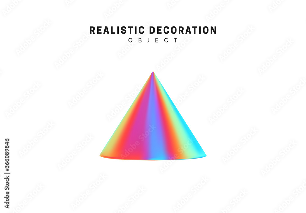 Poster cone shaped element. realistic 3d objects with gradient holographic color of hologram. isolated on w