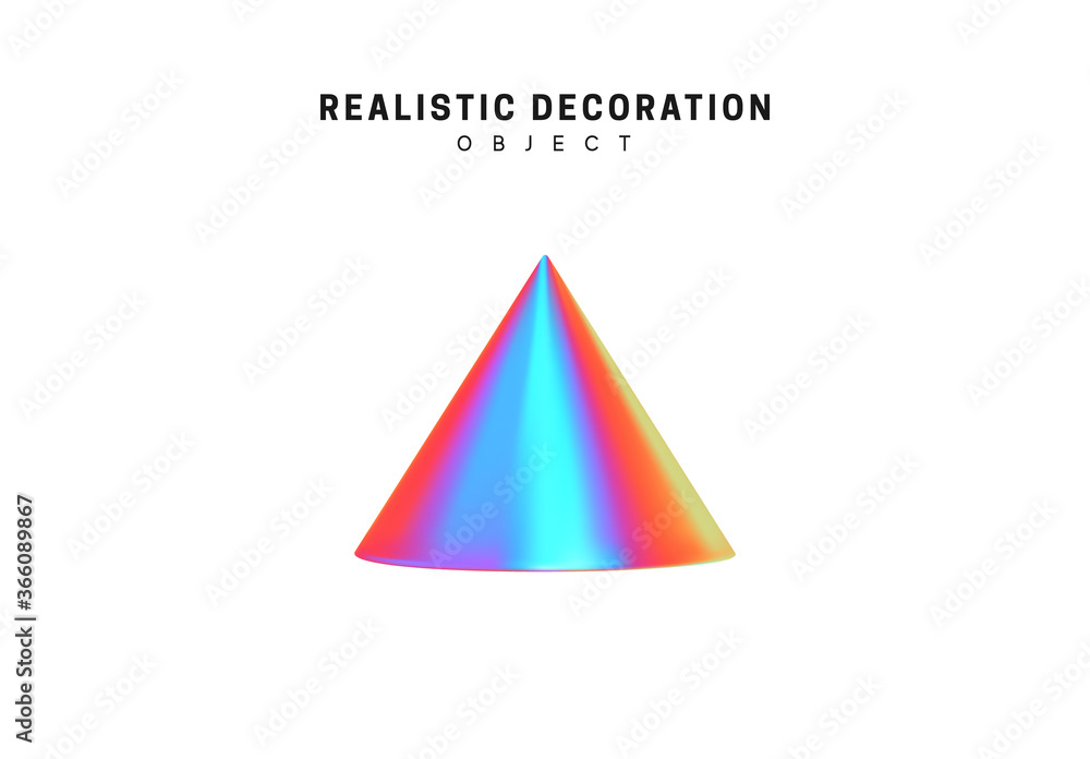 Poster cone shaped element. realistic 3d objects with gradient holographic color of hologram. isolated on w