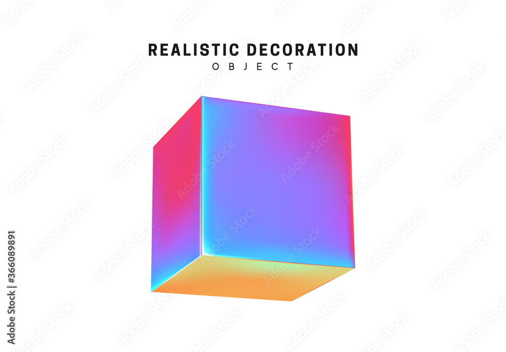 Poster square and cube. realistic shape 3d objects with gradient holographic color of hologram. decorative 