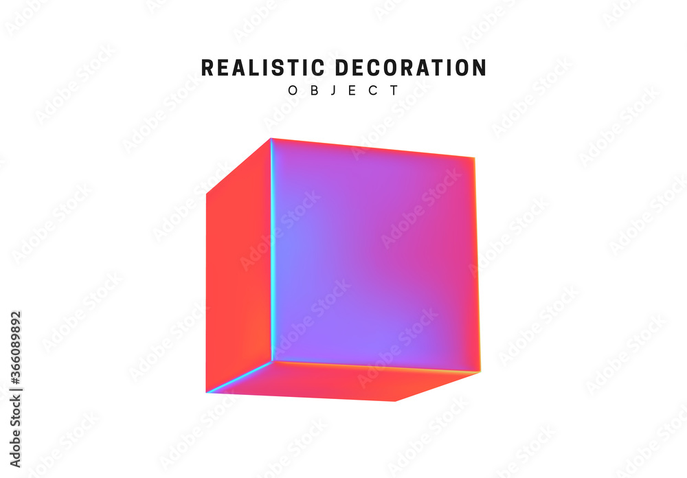 Poster square and cube. realistic shape 3d objects with gradient holographic color of hologram. decorative 