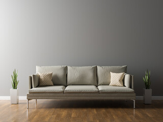 Modern design interior. Scandinavian sofa  furniture, by plain isolated wall. 3d illustration