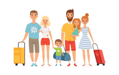 Vacation with friends. Families with children, tourists with luggage and bags. Isolated characters go on vacation vector illustration. Journey holiday, travelling boarding to adventure