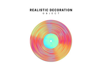 Flat Round music vinyl plate. Realistic shape 3d objects with gradient holographic color of hologram. Decorative design elements isolated on white background. vector illustration.