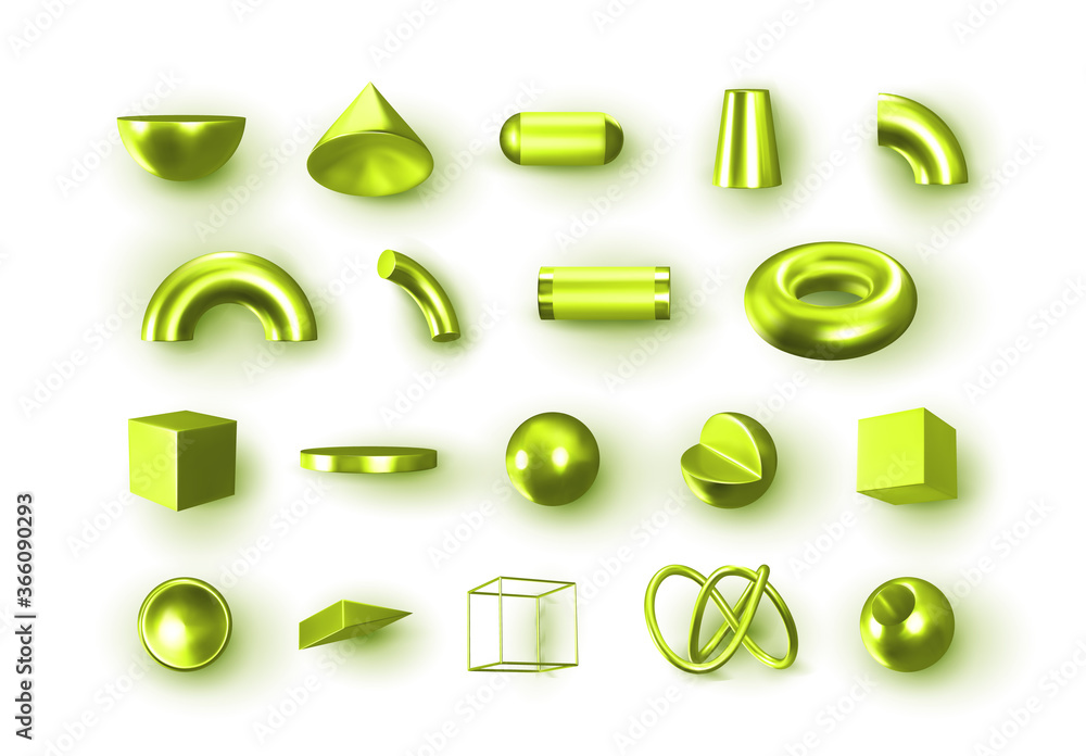 Aufkleber set of 3d green geometric shapes objects. realistic geometry elements isolated on white background, 
