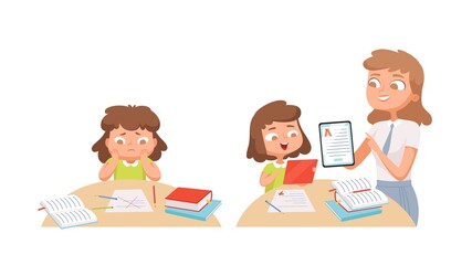 Girl studying. Self education, teacher helps student. Individual training, problems with learning material vector illustration. Teacher and girl, study homework, education school