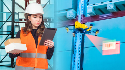 Automated warehouse. Girl in warehouse works with help of a drone. Concept - she controls drone...